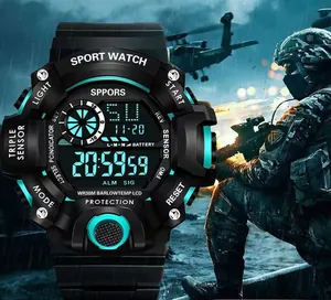 Tactical waterproof sports watch with LCD display and military-inspired rugged design