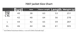 Detailed size chart for the slim fit sports jacket showing chest, hem, and length data