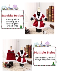 Detail view of festive red velvet Santa suit and dress wine bottle covers for Christmas decor