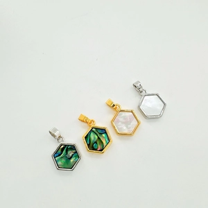 18K gold and silver hexagonal pendants featuring natural abalone and mother of pearl shells