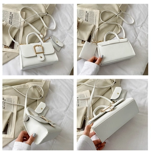 Detailed views of a white lychee-patterned handbag with golden buckle and small coin purse