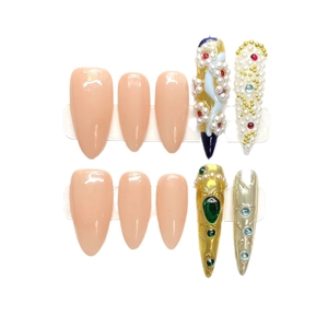 Handmade royal style press-on nails with pearls, emerald stones and gold relief design