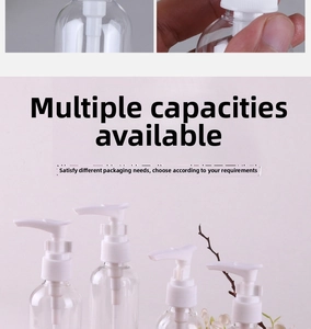 Detailed view of clear PET plastic pump bottles in various sizes for travel and shampoo