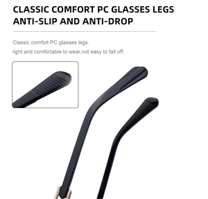 Detail view of black PC temples with anti-slip design for square frame sunglasses