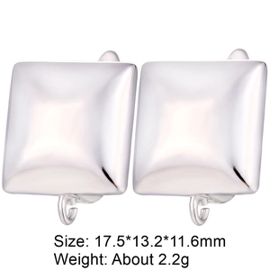 Detailed view of silver square earring findings with size measurements and ring loop
