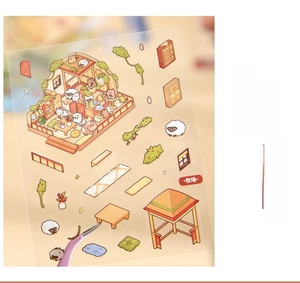 Detail of PVC sticker set showing ranch theme cats and plants with tweezers
