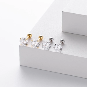 S925 silver screw back earrings with four-prong cubic zirconia studs in gold and silver