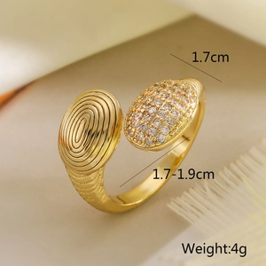 Macro view of gold-plated open ring with zircon inlay and detailed size measurements