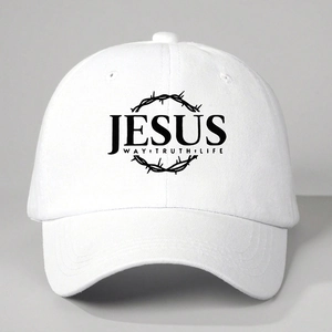 Adjustable white cotton baseball cap with black Jesus Way Truth Life religious print