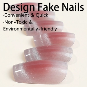 French blush gradient cat-eye press-on nails with sparkling glitter finish