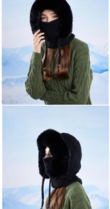 Detail of black knitted balaclava with faux fur trim for winter outdoor wind protection