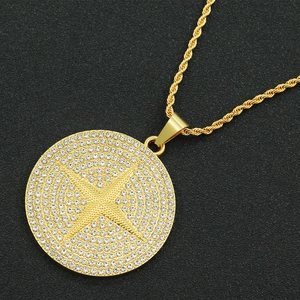 Hip hop iced out gold round medallion necklace with cross star design for men