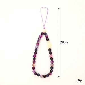 Purple beaded mobile phone lanyard with white bodhi beads and 20cm length detail