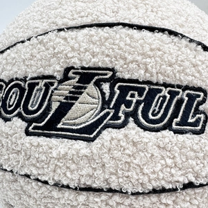Detail of white curly plush basketball pillow with soulful black embroidery texture