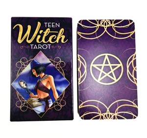 Detail view of Teen Witch Tarot box and card back with gold pentagram on purple base