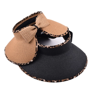 Straw sun visor hats with leopard print trim and bow detail in khaki and black colors