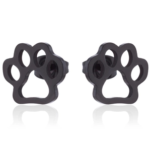 Minimalist black hollow animal paw print stud earrings with a matte metallic finish