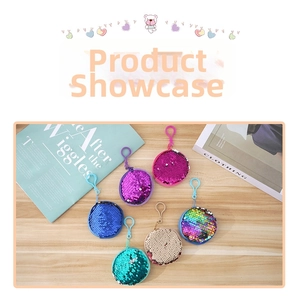 Detail view of round sequin coin purses in six colors with matching plastic lobster clasps
