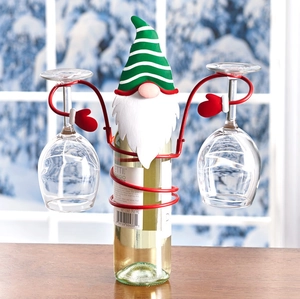 Christmas gnome wine bottle and glass holder with green striped hat and red gloves