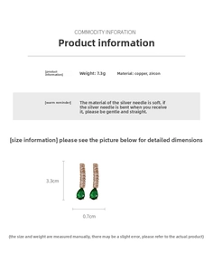 Detail view of drop earrings showing dimensions 3.3x0.7cm and weight of 7.3g in white setting