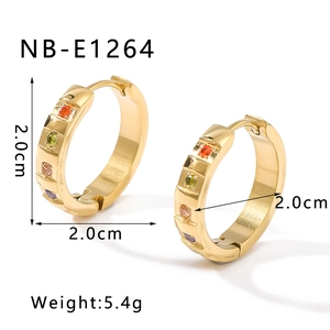 Detail view of 2.0cm gold stainless steel heart earrings with colorful zircon stones