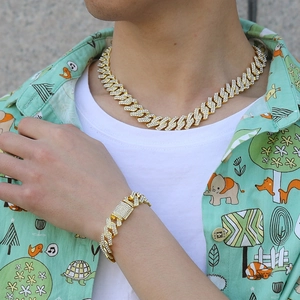 Ensemble collier et bracelet Cuban link pour homme en or avec diamants géométriques