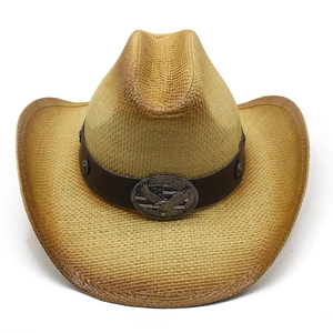 Western straw cowboy hat with vintage metal buckle and decorative brown faux leather band