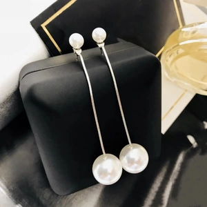 Minimalist long tassel pearl earrings with 925 silver needle and double pearls design