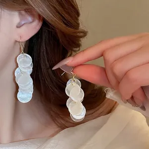 White Shell Sequin Tassel Drop Earrings With Silver Earring Post Women Summer Vacation Fashion Alloy Long Dangle