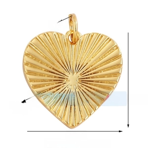 Macro view of 21mm gold heart pendant with sunburst texture and sizing dimensions