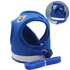 Blue reflective mesh dog harness and leash set for small dogs, breathable vest style