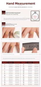 Size guide with measurement methods and diameter circumference chart for heart rings