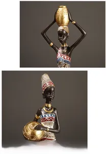 Close-up of African tribal woman statue with resin texture and golden headpiece detail