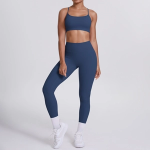 Details zum dunkelblauen Yoga-Set mit Cross-Back-Sport-BH und hoch taillierter Leggings