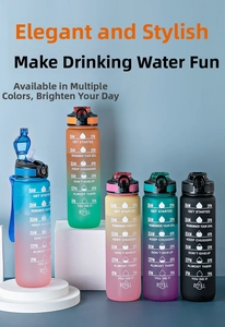 Detail showing gradient large capacity plastic water bottles with time markers and strap
