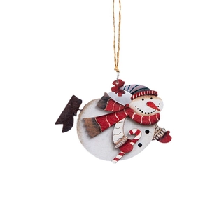 Vintage wooden snowman Christmas tree ornament with candy cane and rustic hemp rope