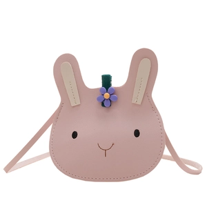 Pink rabbit PU leather crossbody bag for kids with purple flower detail on white background