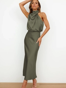 Elegant army green satin halter neck midi dress with a sleeveless slim fit for women