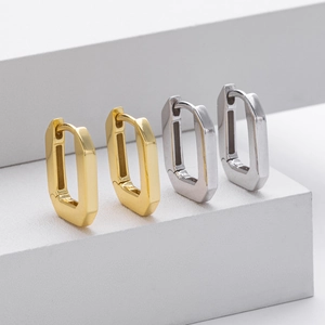 Minimalist S925 sterling silver geometric rectangular hoop earrings in gold and silver