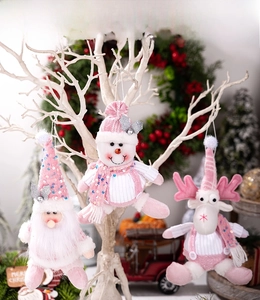 Pink sequined Christmas plush ornaments featuring Santa, snowman, and reindeer detail