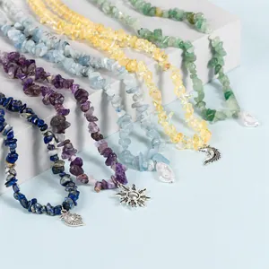Natural Crystal Fragment Necklace With Alloy Sun Moon Pendant Shell Artificial Pearl Irregular Stone Choker Handmade Jewelry Women