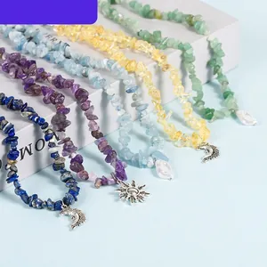 Natural Crystal Fragment Necklace With Alloy Sun Moon Pendant Shell Artificial Pearl Irregular Stone Choker Handmade Jewelry Women