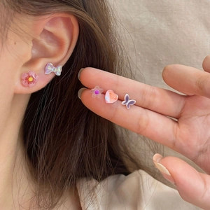 Pastel resin stud earrings set featuring heart, floral, and butterfly designs