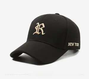 Close-up of black baseball cap featuring 3D embroidered R and New York side detail