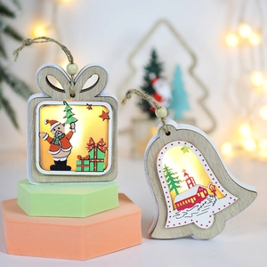 Luminous wooden Christmas ornaments with LED lights in gift box and bell house shapes
