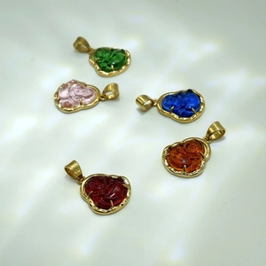Mini 18k gold stainless steel Buddha pendants with vibrant multi-color glass stones