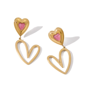 French style 18K gold plated heart earrings with pink enamel inlay on white background