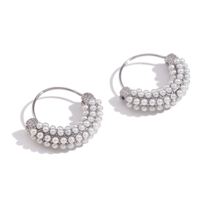 Elegant silver circle earrings with multi-layer micro-inset pearls and metallic finish