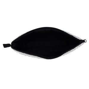 Water-resistant travel makeup bag with black geometric grid print and zipper