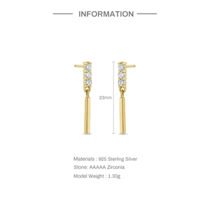 Detail of 23mm S925 silver gold drop earrings with triple 5A zircons and bar pendant